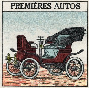 Tracción mecánica: los primeros automóviles de gasolina inventados en 1895 por Panhard y Levassor. Ilustración anónima de 1925. Colección privada. de Anonymous Anonymous