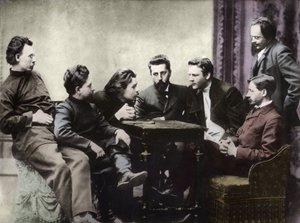 Miembros del círculo literario Sreda, formado en la segunda mitad de la década de 1890 por escritores realistas rusos - Retratos de intelectuales rusos del grupo literario Znanie: de izquierda a derecha, Andrei Skitalets (Stephan Gabrilovich Petrov), Leoni de Anonymous Anonymous
