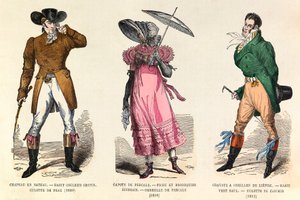 Trajes de hombres y mujeres entre 1810 y 1812 en París (reinado del emperador Napoleón I) - colección privada