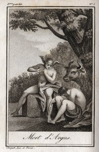 Mercurio y Argos. Muerte de Argos: Mercurio tocó la flauta para dormir a Argos y liberar a la ninfa Io, transformada en vaca. Grabado de 1819 en “Lettres a Emilie sur la mythologie” de Charles Albert Demoustier (1760-1801). de Anonymous Anonymous