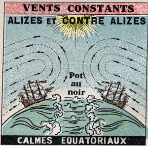 Meteorología: vientos constantes. Alisios, contra alisios, zonas de calma ecuatorial (pot en negro). Ilustración anónima de 1925. Colección privada. de Anonymous Anonymous