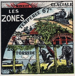 Meteorología: distribución del calor en la tierra y diferentes climas (zonas cálidas, templadas, polares). Ilustración anónima de 1925. Colección privada. de Anonymous Anonymous