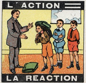Movimientos: acción, reacción. Un niño con su mochila. Ilustración anónima de 1925. Colección privada.
