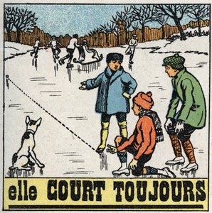 Movimientos: niños jugando a las bolas en el hielo congelado de un estanque en invierno. Ilustración anónima de 1925. Colección privada. de Anonymous Anonymous