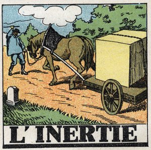 Movimientos: inercia. Un carretero dando latigazos para mover su caballo. Ilustración anónima de 1925. Colección privada. de Anonymous Anonymous