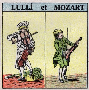 Instrumentos musicales: instrumentos de cuerda frotada. Jean Baptiste Lully (Giovanni Battista Lulli) (1632-1687) y Wolfgang Amadeus Mozart (1756-1791) tocando el violín. Ilustración anónima de 1925. Colección privada.