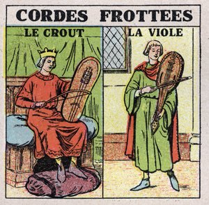 Instrumentos musicales: instrumentos de cuerda frotada. Jugadores de crout y rapes en la Edad Media. Ilustración anónima de 1925. Colección privada. de Anonymous Anonymous