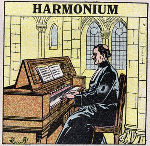 Instrumentos musicales: instrumentos de viento en la cadera. Jugador de armonio en una iglesia. Ilustración anónima de 1925. Colección privada. de Anonymous Anonymous