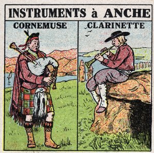 Instrumentos musicales: instrumentos de viento en la cadera. Tocadores de flauta y clarinete. Ilustración anónima de 1925. Colección privada.