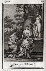Ofrenda a Venus. Pequeños amores (angelitos) se reúnen para rendir homenaje a la diosa Afrodita. Grabado de 1819 en “Cartas a Emilie sobre la mitología” por Charles Albert Demoustier (1760-1801). Colección privada. de Anonymous Anonymous