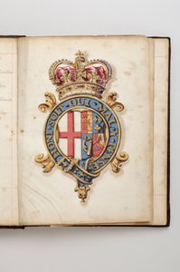 Orden de la Jarretera: Libro de Estatutos que perteneció a Charles Fitzroy, Duque de Grafton - Armas reales de los Hannoverianos desde 1714 hasta 1801 (Manuscrito en acuarela, principios del siglo XVIII) de Anonymous Anonymous