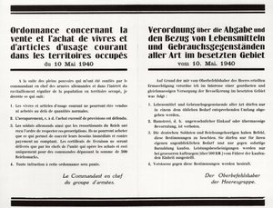 Ordenanza sobre la venta y compra de alimentos y artículos de uso común en los territorios ocupados - cartel bilingüe franco-alemán de Anonymous Anonymous