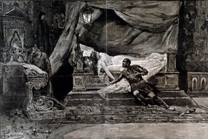 Otello se suicida cerca del cuerpo de Desdémona. Ilustración de la última escena de Otello, ópera de Giuseppe Verdi