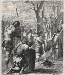 Otto I, Emperador del Sacro Imperio Romano recibe la comunión antes de la Batalla de Lechfeld (955) - grabado de 1864
