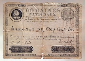 Papel emitido durante la Revolución Francesa: una asignación de 500 libras de 1790. Colección privada de Anonymous Anonymous