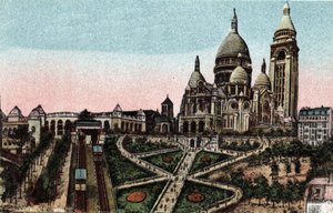 París: funicular y Basílica del Sacré Coeur (Sagrado Corazón) en la Butte Montmartre. Fotografía de 1920 en “Artistic Album” de la ciudad de París. Colección privada. de Anonymous Anonymous