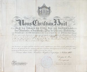 Pasaporte del Rey de Dinamarca Christian VIII fechado en 1845.