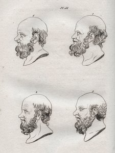Fisionomía - Fisionomía - Varios cabezas del filósofo griego Sócrates (ca. 469 a.C.-399 a.C.) (Busto de Sócrates (ca 469 a.C.-399 a.C.), filósofo ateniense) grabado de 1808 en “El arte de conocer a los hombres a través de la fisionomía” por Johann Gaspar ( de Anonymous Anonymous