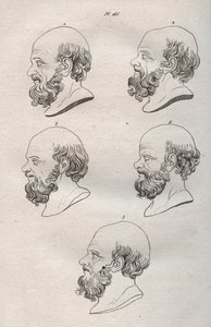 Fisionomía - Fisionomía - Varias cabezas del filósofo griego Sócrates (ca. 469 a.C.-399 a.C.) (Busto de Sócrates (ca 469 a.C.-399 a.C.), filósofo ateniense) grabado de 1808 en “El arte de conocer a los hombres a través de la fisionomía” por Johann Gaspar ( de Anonymous Anonymous