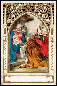 Imagen piadosa: "Adoración de los Magos". Tarjeta dentada. Cromolitografía de principios del siglo XX. Colección privada de Anonymous Anonymous
