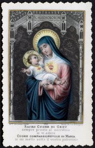 Imagen piadosa: Jesús niño en los brazos de su madre María, con el Sagrado Corazón