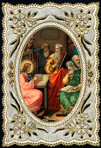 Imagen piadosa: Niño Jesús con doctores. Tarjeta dentada. Cromolitografía principios del siglo XX colección privada