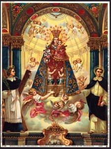Imagen piadosa: Virgen Protegiendo a los Desafortunados. Tarjeta principios del siglo XX colección privada