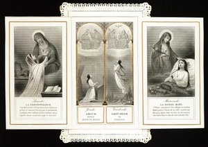 Imagen piadosa: perseverancia, Amor hacia Jesús y María, el Santo Deseo del Paraíso, la Buena Muerte. Tarjeta dentada en tríptico. Siglo XIX Colección privada de Anonymous Anonymous