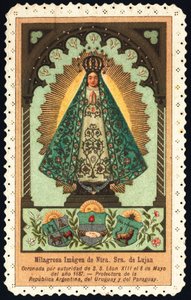 Imagen piadosa: representación de Nuestra Señora de Luján, protectora de Argentina, Paraguay y Uruguay. Tarjeta dentada colección privada
