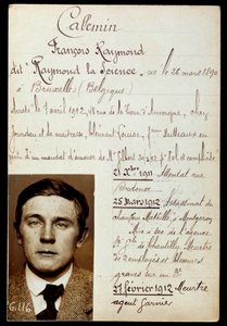 Ficha policial de Raymond Callemin, alias Raymond la Ciencia (1890-1913), cómplice de Jules Bonnot, con la lista de sus crímenes