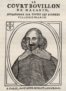 Panfletos políticos Mazarinade (panfleto político bajo la Fronda), imagen popular contra Mazarino sobre su retiro en Bouillon (Le court broth de Mazarin). Colección privada.
