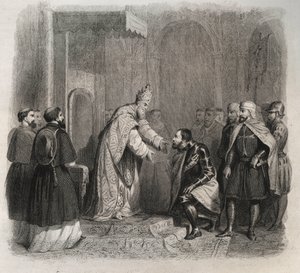 Papa San Pío V (1566-1572) recibiendo al ganador de la Batalla de Lepanto. Grabado de 1846 en "Vidas de los santos". Colección privada