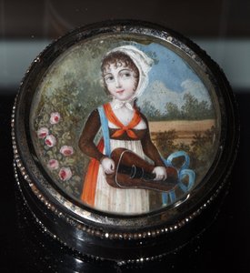 ""Retrato de una joven con zanfona"" Aquarelle anónimo hacia 1800 Colección privada de Anonymous Anonymous