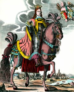 Retrato de Leopoldo I, Emperador del Sacro Imperio Romano - Retrato ecuestre de Leopoldo I (1640 - 1705) Rey de Hungría, Bohemia, Dalmacia, Croacia y Emperador Germánico. Grabado del siglo XVII. Colección privada de Anonymous Anonymous