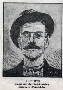 Retrato de Luigi Lucheni (1873-1910), anarquista italiano, asesino en 1898 de Elisabeth de Wittelsbach, una emperatriz de Austria conocida como Sissi. Grabado en "L