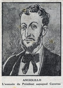 Retrato de Michele Angiolillo Lombardi, alias José Sants o Rinaldini, anarquista italiano (1871-1897) asesino del Presidente del Consejo de España, Antonio Cánovas del Castillo (1828-1897). Grabado en "L