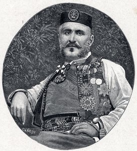 Retrato de Nicolás I de Montenegro (Nikola I Petrovic-Njegos) (1841-1921), Príncipe de Montenegro y las Berda. Grabado en “Les Missions Catholiques au XIXeme Siecle” por Louis-Eugene Louvet. Colección privada. de Anonymous Anonymous
