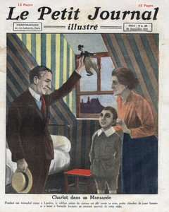 Retrato del actor Charlie Chaplin viajando a Londres, visitando su antigua habitación, ofrece al niño de la familia una pequeña muñeca de Charlot. Ilustración tomada de “Le petit journal illustrious” del 23/09/1921. Colección privada de Anonymous Anonymous