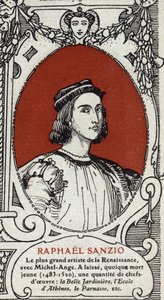 Retrato del pintor renacentista italiano Rafael (Raffaello Sanzio 1483-1520). Grabado de 1914. Colección privada. de Anonymous Anonymous