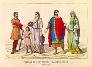 Retratos y vestimentas de una familia de labradores y una familia noble en el siglo V, grabado, colección privada de Anonymous Anonymous