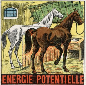 Energía potencial: caballos descansando en un establo. Ilustración anónima de 1925. Colección privada.