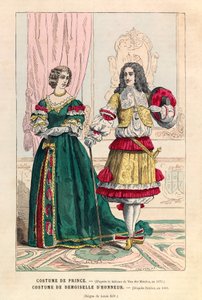 Traje de príncipe y traje de dama de honor bajo el reinado de Luis XIV (1638-1715)