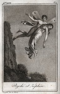 Psique llevada por el Céfiro. Grabado de 1819 en "Lettres a Emilie sur la mythologie" de Charles Albert Demoustier (1760-1801). Colección privada.