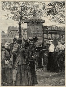 Higiene pública: habitantes de París usando una de las fuentes de agua filtrada instaladas en el distrito 15. Estas fuentes tienen un filtro del sistema Chamberland Pasteur. Grabado en 