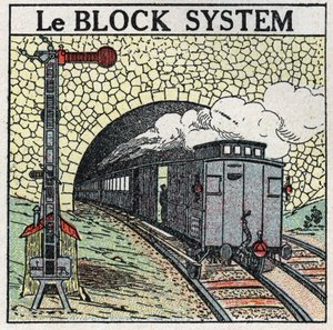 Ferrocarriles: el sistema de bloques utilizado en las grandes ciudades para evitar colisiones. Ilustración anónima de 1925. Colección privada.