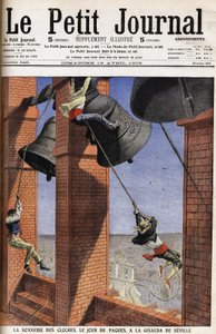 Costumbre religiosa en Andalucía: La campana suena el día de Pascua en la Giralda de Sevilla en España. Grabado en el titular del Journal de la Petición de Anonymous Anonymous