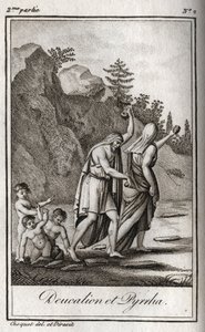 Representación de Deucalión y Pirra, los únicos sobrevivientes después del diluvio causado por Zeus para destruir la raza humana. Temis después del diluvio les pide que caminen con la cabeza cubierta arrojando detrás de ellos los huesos de su madre (las pi de Anonymous Anonymous