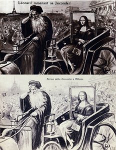Representación de Leonardo da Vinci (1452-1519) trayendo de vuelta su obra 