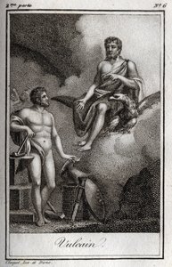 Representación de Vulcano, dios del fuego, la forja y los volcanes. Grabado de 1819 en “Lettres a Emilie sur la mythologie” de Charles Albert Demoustier (1760-1801). Colección privada.