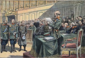 Guerra Ruso-Japonesa: Epílogo del asedio de Port Arthur. Condena del General Stoessel, el General Fock fue reprendido y los Generales Reiss y Smyrnoff absueltos. Grabado del periódico 
